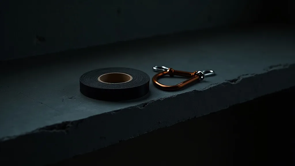 rouleau de tape de bondage et mousquetons d'acier sur étagère sombre a Rennes