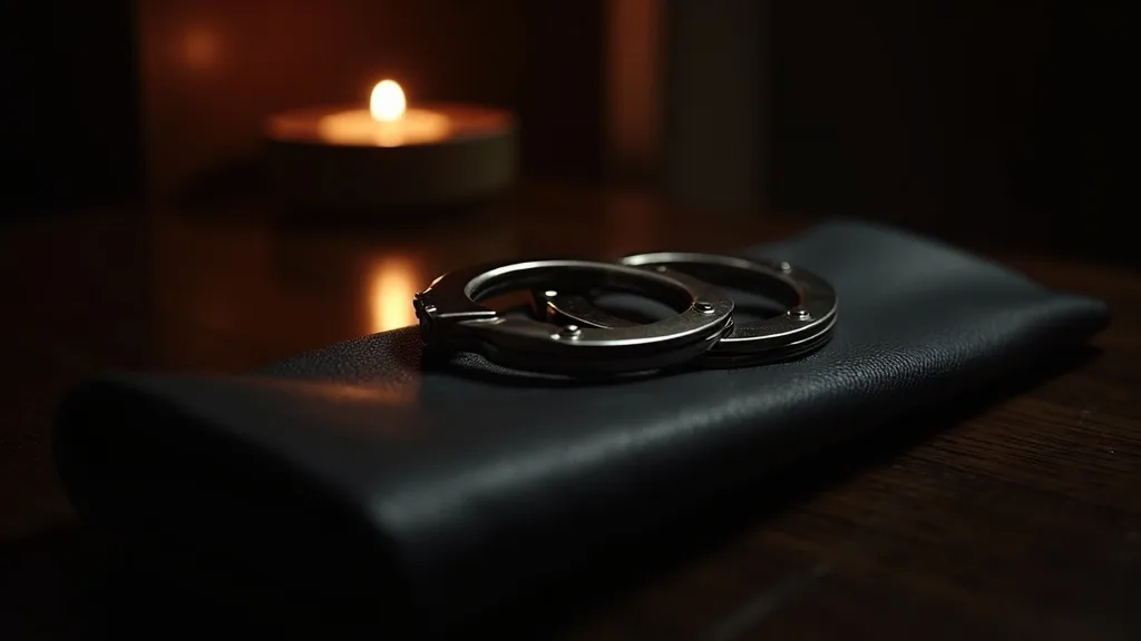 menottes d'acier entrouvertes sur un gant de cuir plié, chêne sombre a Rennes