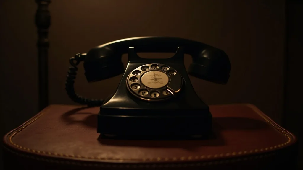 téléphone rotary noir vintage sur cuir oxblood patiné a Rennes