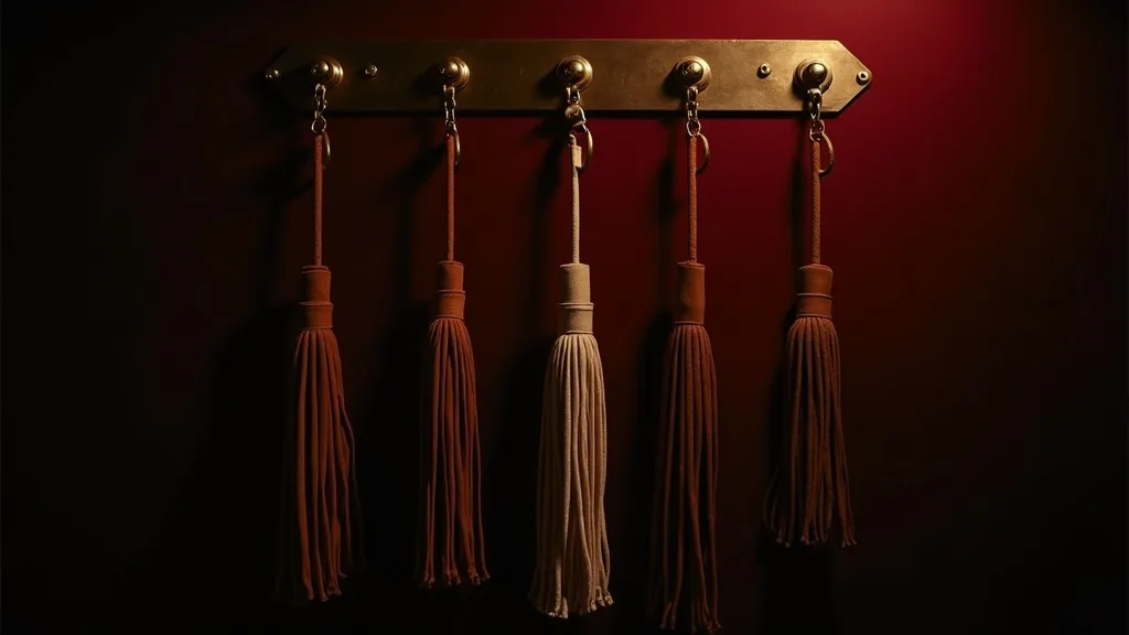 rangée de cinq martinets de daim et cuir suspendus à des crochets de laiton a Rennes